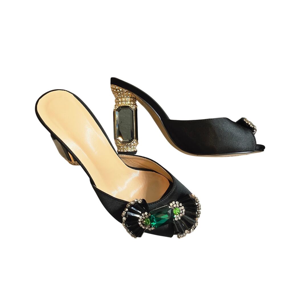Green Emerald Black Mule Heels Size 38 / US 7